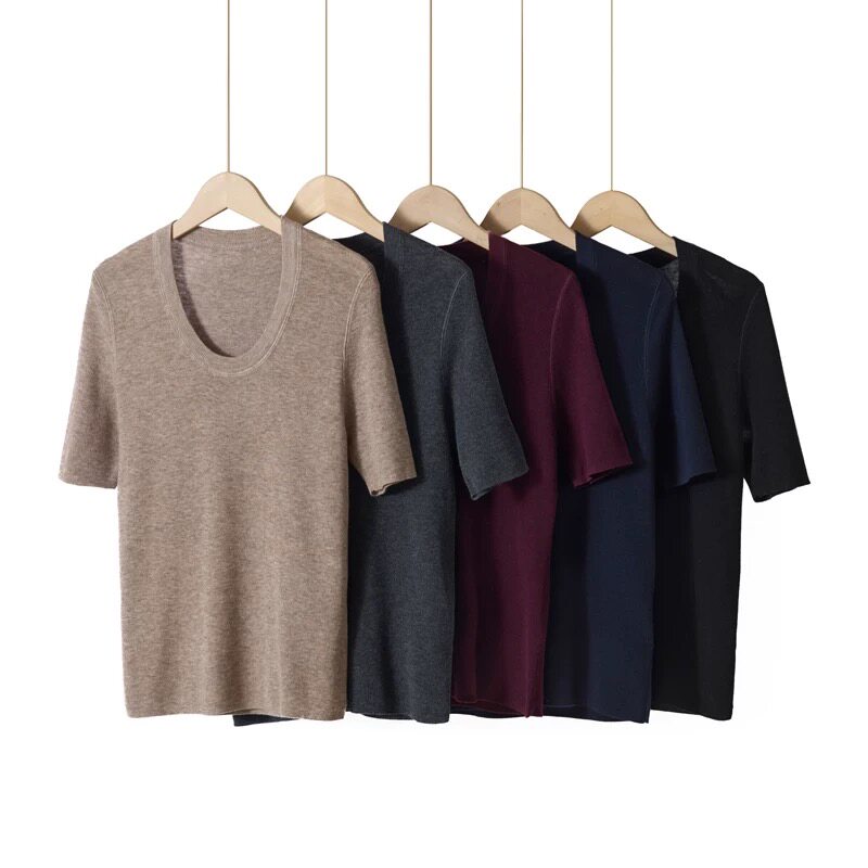 扬子纱精纺羊毛衫女U领修身高弹短袖针织衫低圆领领细线打底上衣