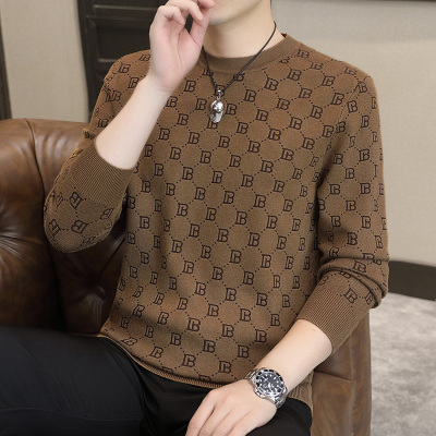 男士毛衣时尚潮流印花高端圆领男款针织衫长袖打底衫秋冬薄款修身