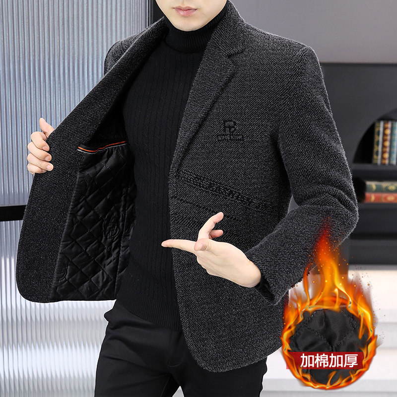 秋冬季毛呢西服男韩版休闲加棉加厚西装青年保暖短款呢子大衣外套