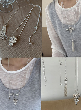 韩国博主同款抽拉葡萄串项链电镀厚银流苏小众设计感长款毛衣