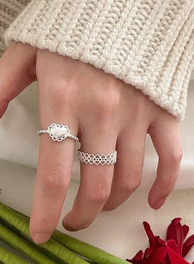 韩系甜美爱心蕾丝花边纯银戒指女小众高级感开口可调节食指戒