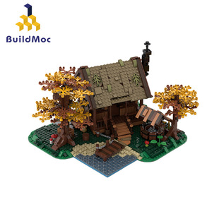BuildMOC拼装 积木玩具乡村湖边小屋村庄房子海边木屋别墅建筑街景