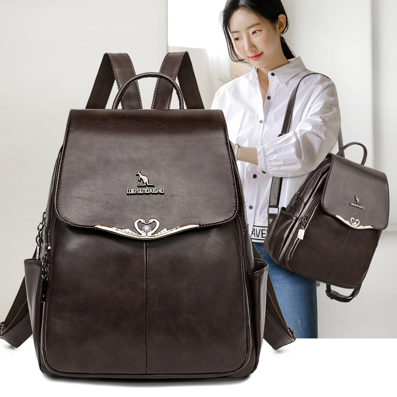 威森袋鼠软皮双肩包女2025新款时尚百搭背包头层软皮大容量旅游包