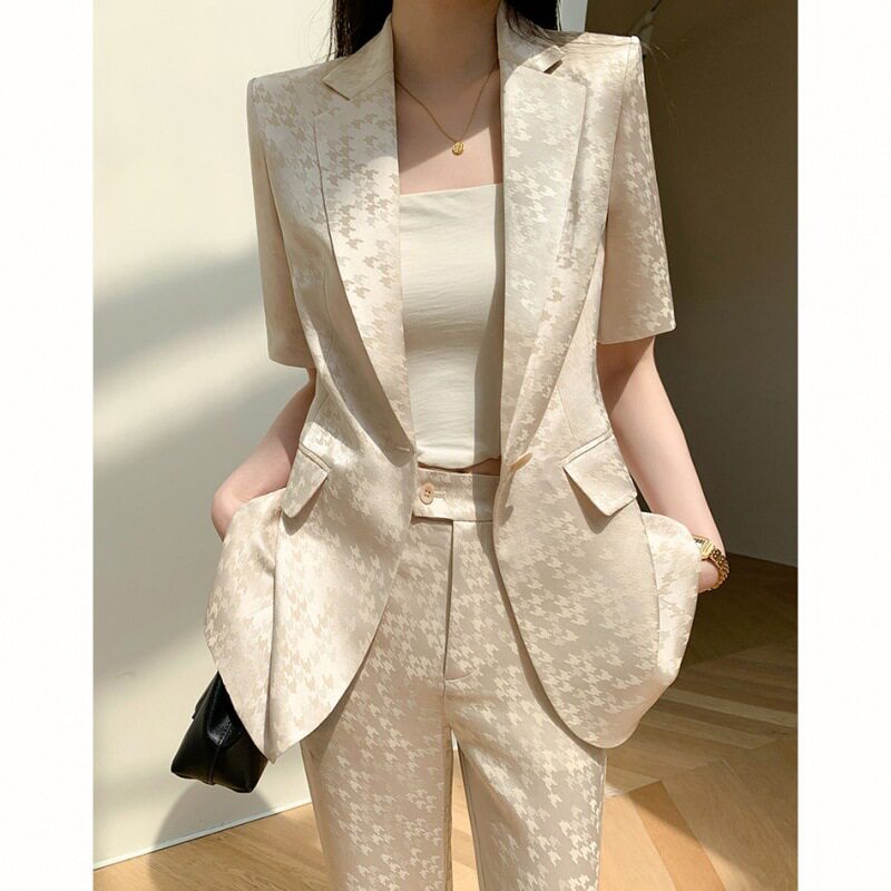 夏季印花气质西服套装高端御姐总裁修身显瘦短袖西装长裤子两件套