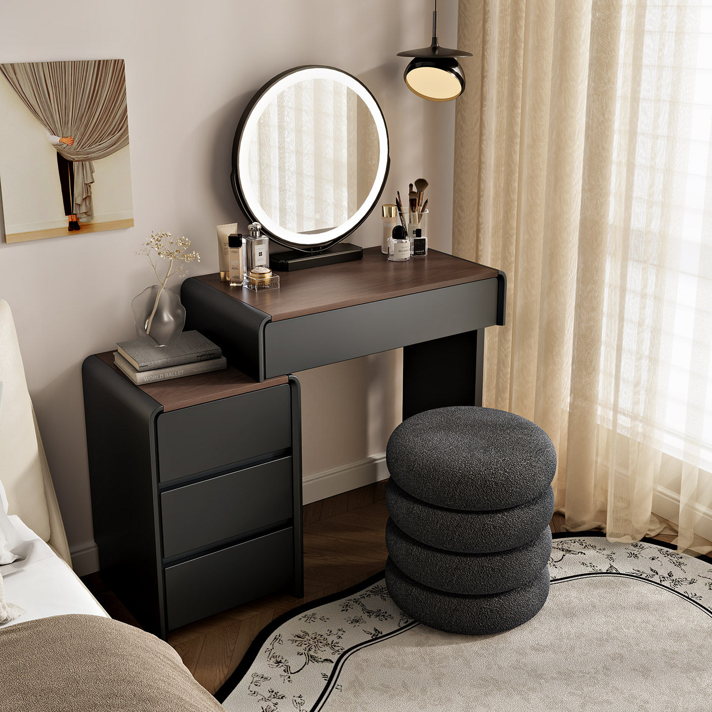 实木带灯2026新款小户型梳妆台卧室奶油风现代简约轻奢化妆桌带柜