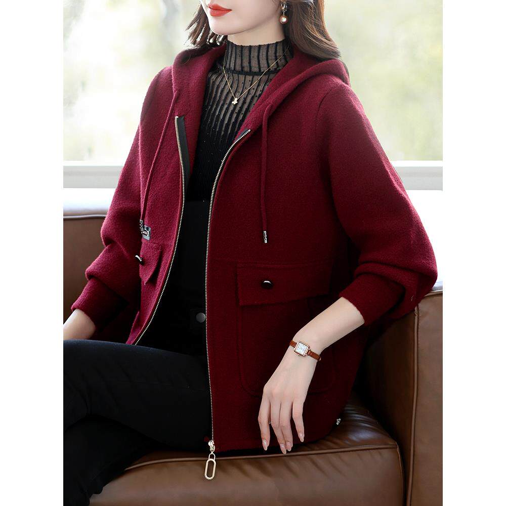 妈妈装新款秋冬季针织开衫连帽拉链时尚长袖上衣中老年女毛呢外套