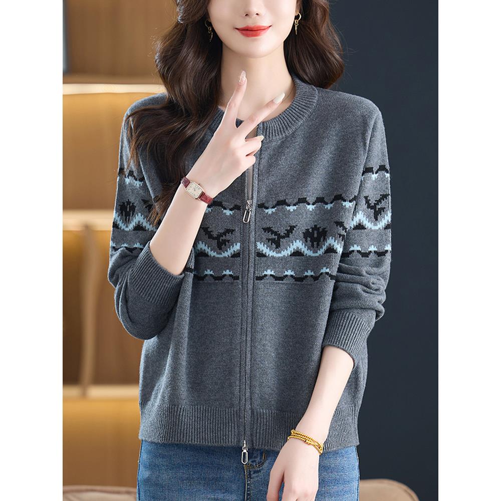 设计感秋小众费尔岛风拉链针织开衫女2025秋季提花毛衣洋气外套