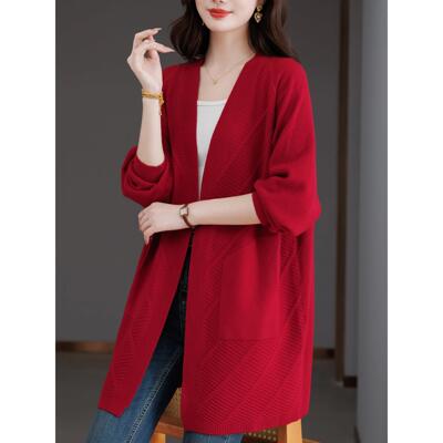 红色中长款针织开衫披肩外搭女秋季2025新款洋气减龄披风毛衣外套