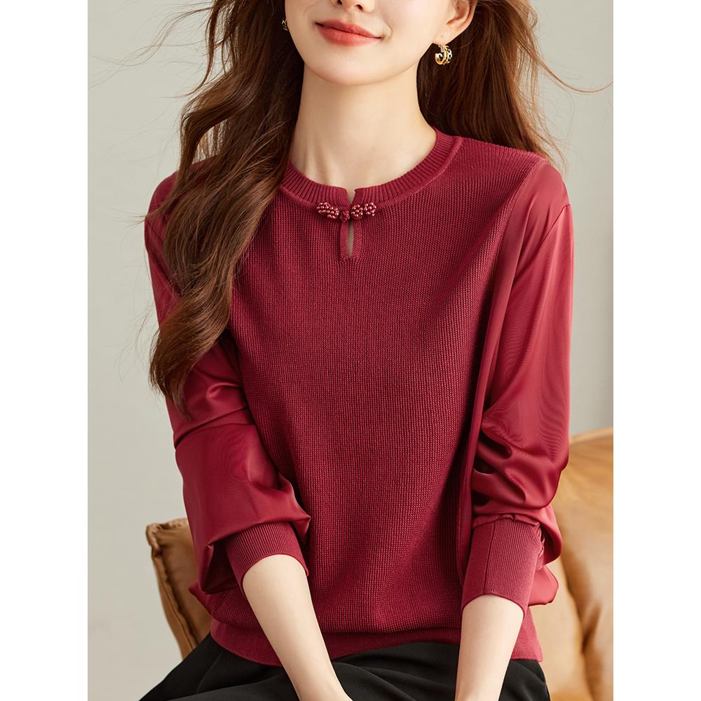 新中式国风复古盘扣针织衫女2025春秋新款长袖时尚纱袖打底衫上衣