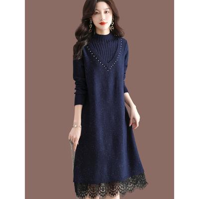 半高领蕾丝拼接羊毛针织连衣裙女秋冬气质中长款打底裙配大衣裙子