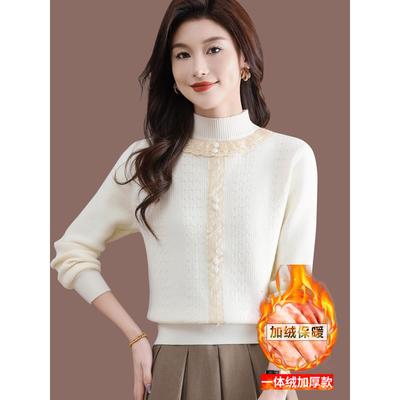 加绒加厚毛衣女秋冬季2025新款蕾丝上衣内搭羊毛针织打底衫
