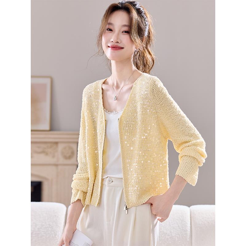 早秋亮片高级感针织开衫外套女春秋季2025新款今年流行爆款短上衣