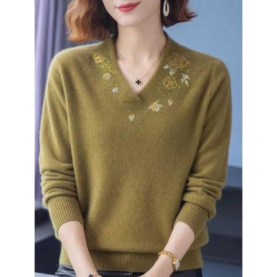 2025秋冬新款V领宽松毛衣女加厚毛衣中年妈妈洋气上衣针织打底衫