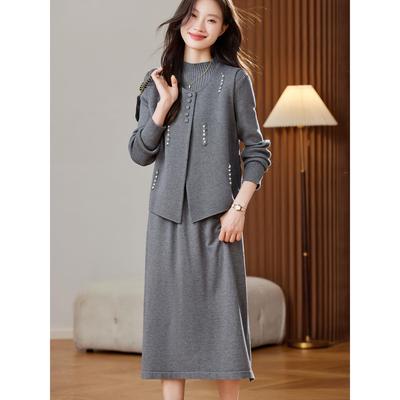 2025新款针织连衣裙女秋冬休闲百搭中长款马甲套装两件套打底裙