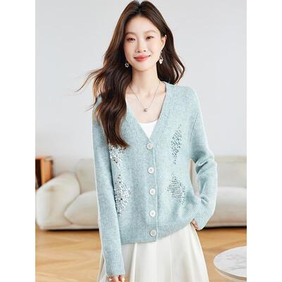 慵懒温柔风亮片V领针织衫开衫女宽松2025新款爆款毛衣外套女春秋
