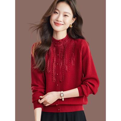 半高领蕾丝花边拼接毛衣女秋冬2025新款套头羊毛针织衫打底上衣