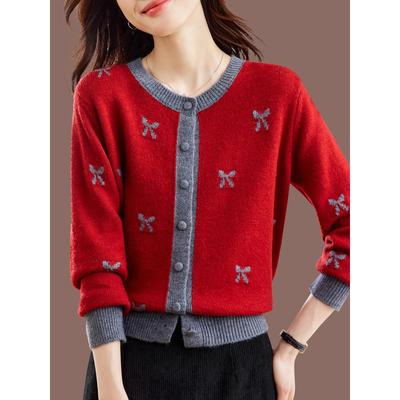 蝴蝶结提花开衫毛衣女春装2025新款洋气撞色外搭羊毛针织外套春秋