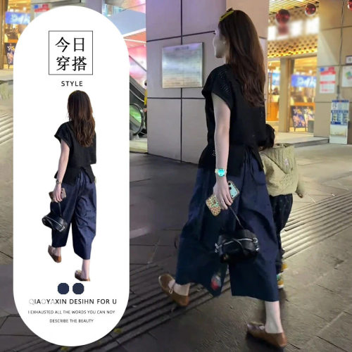 胖东来单件/夏季高级感黑色镂空不规则上衣波点休闲裤美式别致显