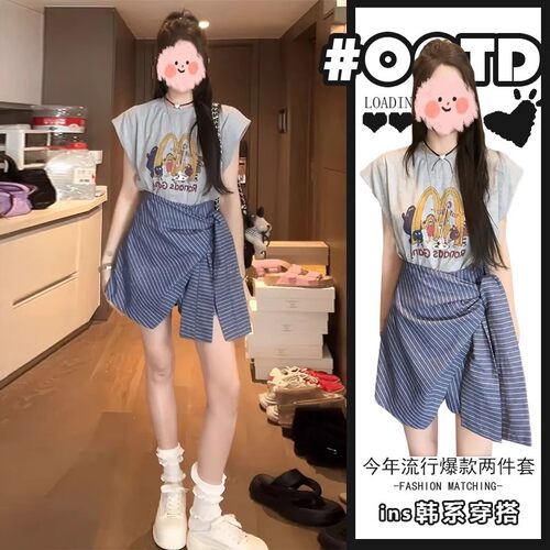 胖东来单件/2025夏季穿搭微胖mm松弛感慵懒气质套装短袖上衣绑带