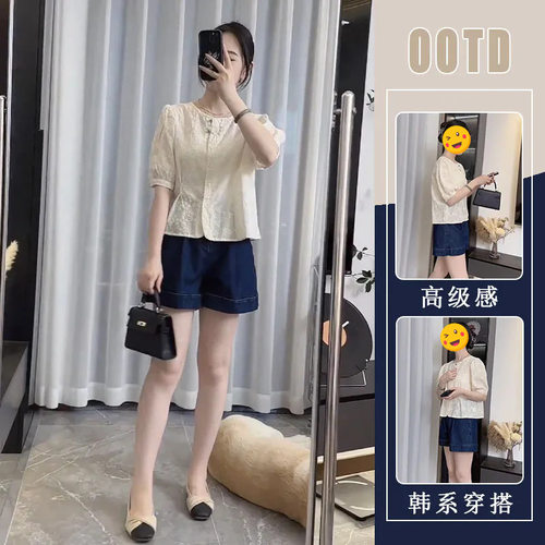 胖东来单件/泡泡袖复古圆领短袖刺绣衬衫女2025夏季新款百搭休闲