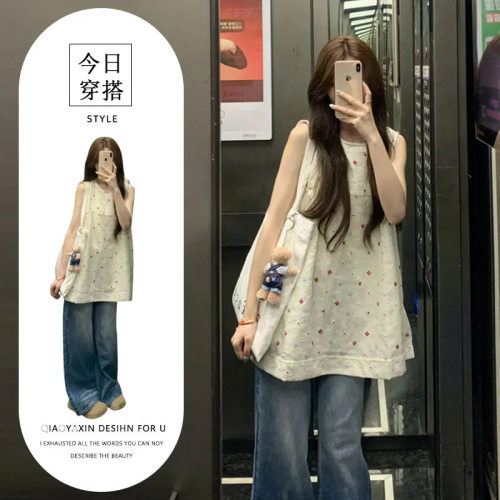 胖东来单件/法式甜美刺绣花朵宽松背心娃娃衫无袖衣宽松休闲牛仔