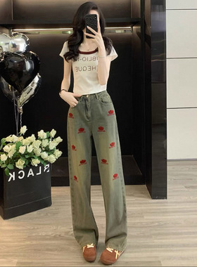 胖东来巨好看的运动套装女夏显瘦T恤欧货刺绣牛仔裤绝美漂亮休闲