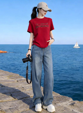 胖东来休闲运动套装女夏季2026超火洋气显瘦红色短袖T恤牛仔裤两