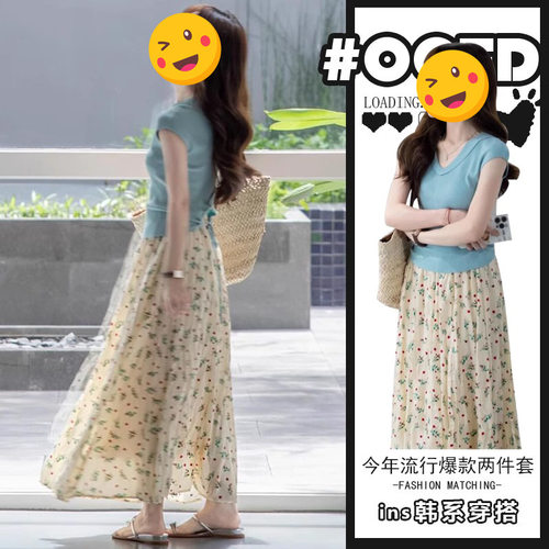 进口单件/少女感别致穿搭2025夏季蓝色气质v领短袖上衣高腰碎花裙