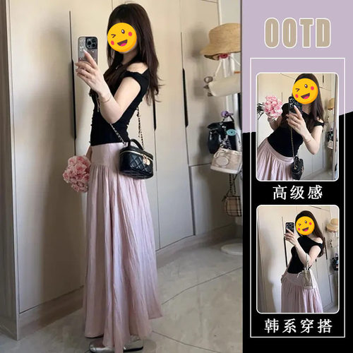 胖东来单件/夏新款黑色斜肩修身显瘦设计感露肩上衣高腰小众压褶