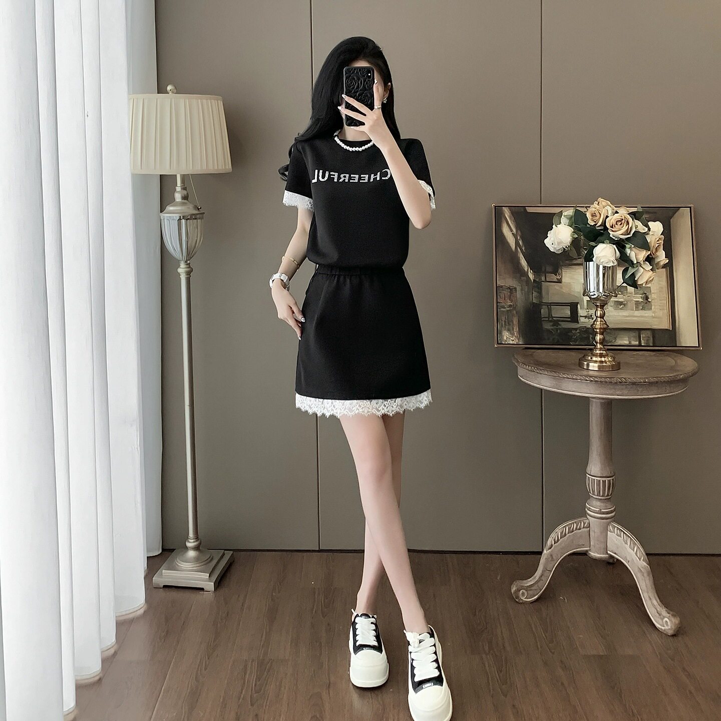 胖东来气质洋气休闲时尚套裙女2025夏季拼接蕾丝黑色短袖T恤短裙