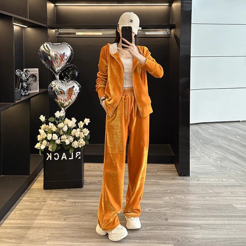 胖东来金丝绒休闲运动套装女春季新款高级感撞色连帽卫衣阔腿裤两