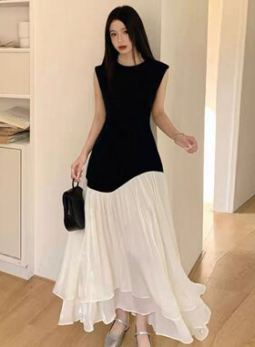 胖东来黑色法式拼接连衣裙女春装2025新款显瘦减龄气质高级感网纱