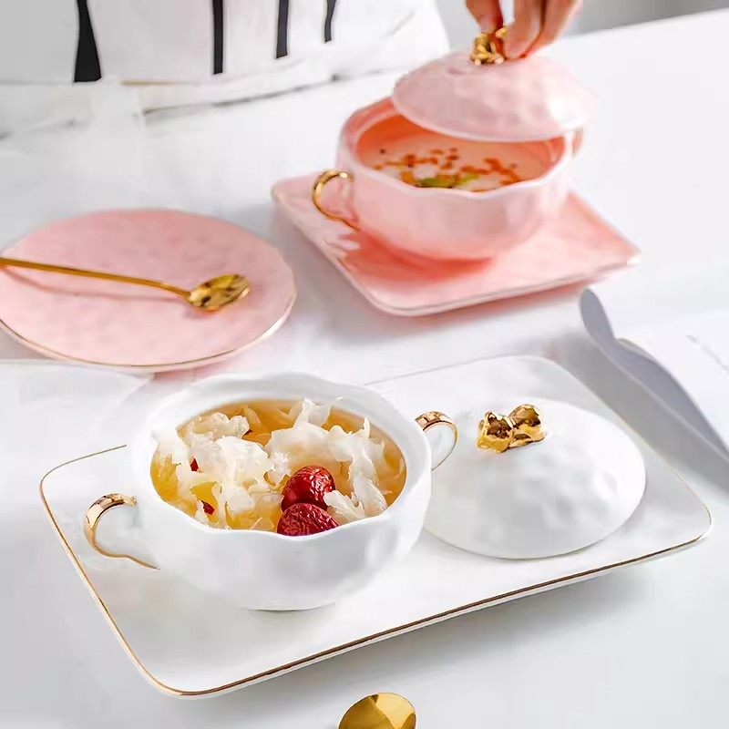 糖水燕窝碗甜品碗精致套装欧式小奢华陶瓷盅碗家用餐具酸奶碗带盖
