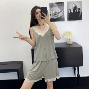 夏季 睡衣两件套裸睡神器 舒适凉爽家居服套装 蕾丝花边V领吊带短裤