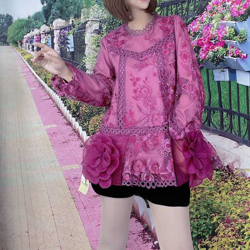 卓拉女装2023年秋季新款韩版纱网绣花上衣立体花口袋立领长袖小衫