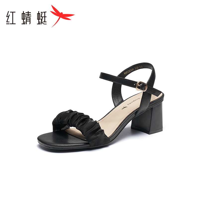 红蜻蜓凉鞋女款夏季百搭中跟粗跟一字带高跟鞋女士外穿配断码清仓