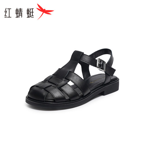 红蜻蜓凉皮鞋女正品包头罗马鞋一脚蹬软底妈妈凉鞋镂空 断码清仓