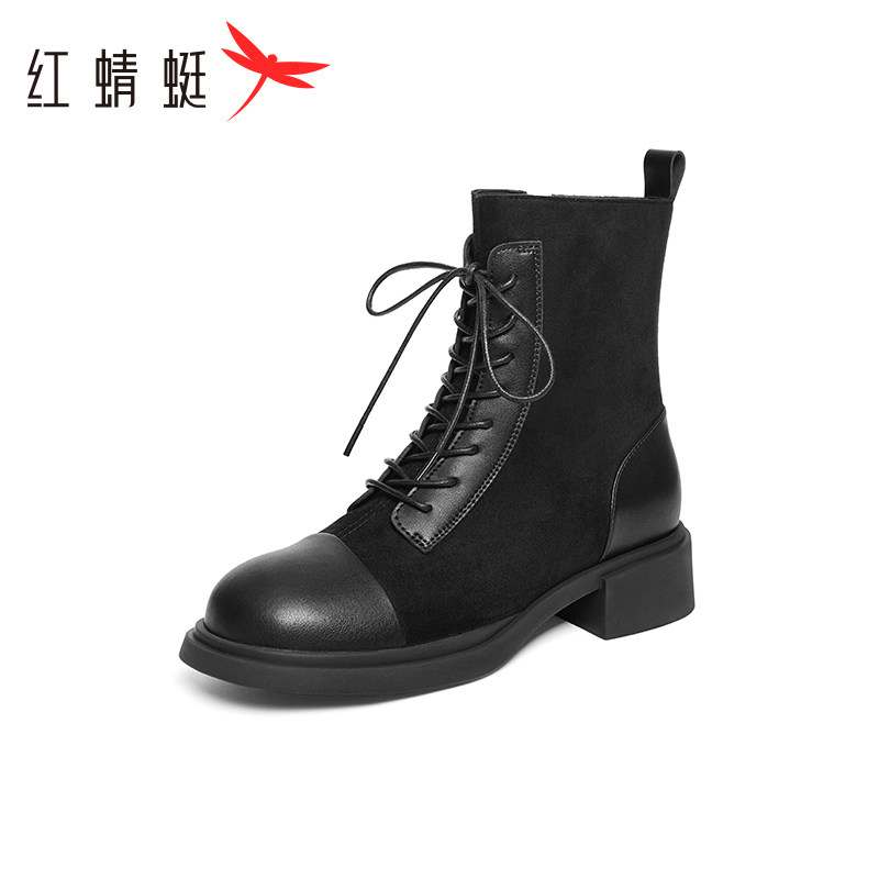 红蜻蜓女单鞋冬季新款粗跟短靴女百搭舒适正品时装妈妈靴断码清仓