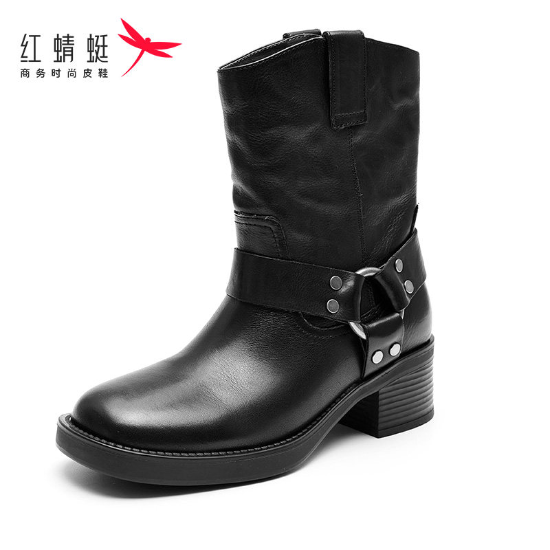 红蜻蜓女单鞋短靴冬季保暖女鞋粗跟职场马丁靴皮鞋单靴断码清仓