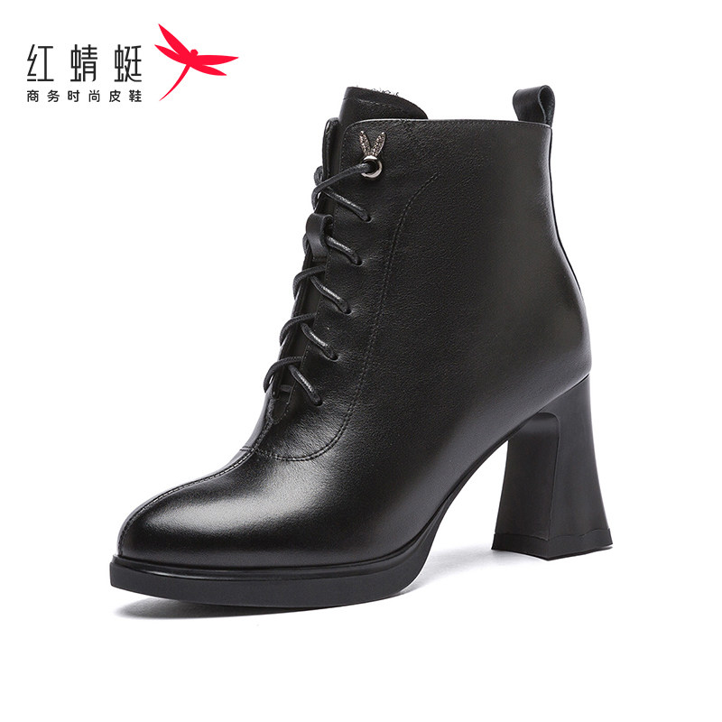 红蜻蜓靴子女短靴女加绒尖头