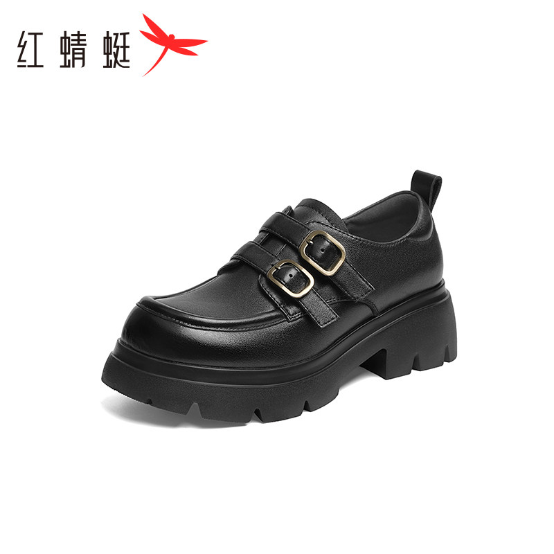 红蜻蜓皮鞋女秋新款女鞋粗跟深口单鞋真皮中年妈妈高跟鞋断码清仓