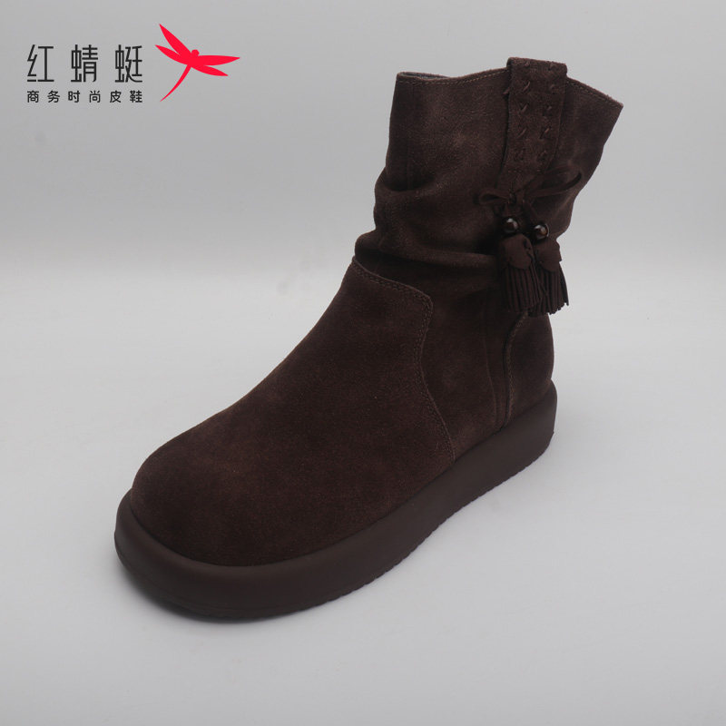 红蜻蜓冬季雪地靴女加绒短靴皮面防水保暖靴子高帮妈妈鞋断码清仓