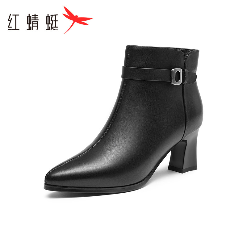 红蜻蜓女靴冬季新款时尚加绒短靴保暖妈妈棉鞋真皮高跟靴断码清仓