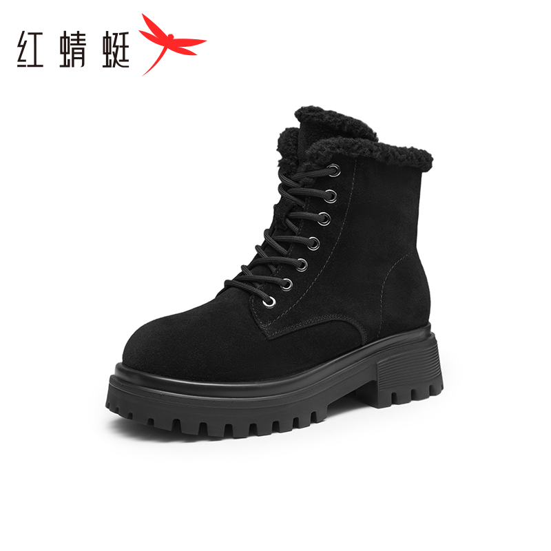 红蜻蜓真皮短靴女冬季新款加绒保暖休闲流行粗跟女士棉鞋断码清仓