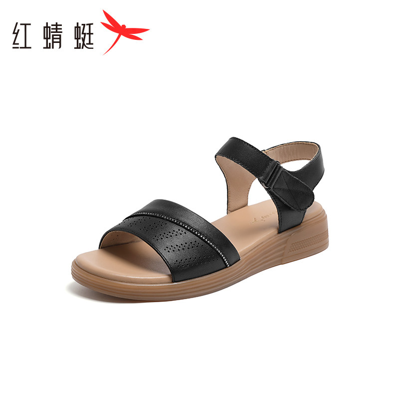红蜻蜓女鞋夏天女士舒适平底妈妈凉鞋软底外穿中年母亲鞋断码清仓