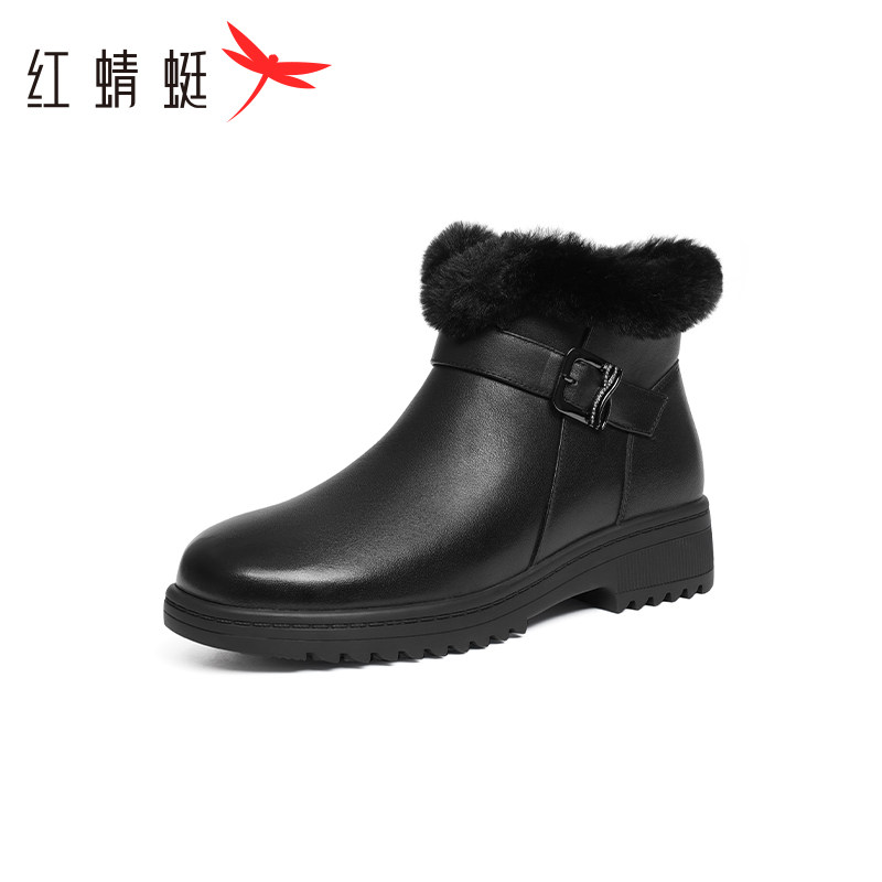 红蜻蜓真皮鞋子短靴女靴秋季雪地靴子加绒棉鞋马丁靴女鞋断码清仓