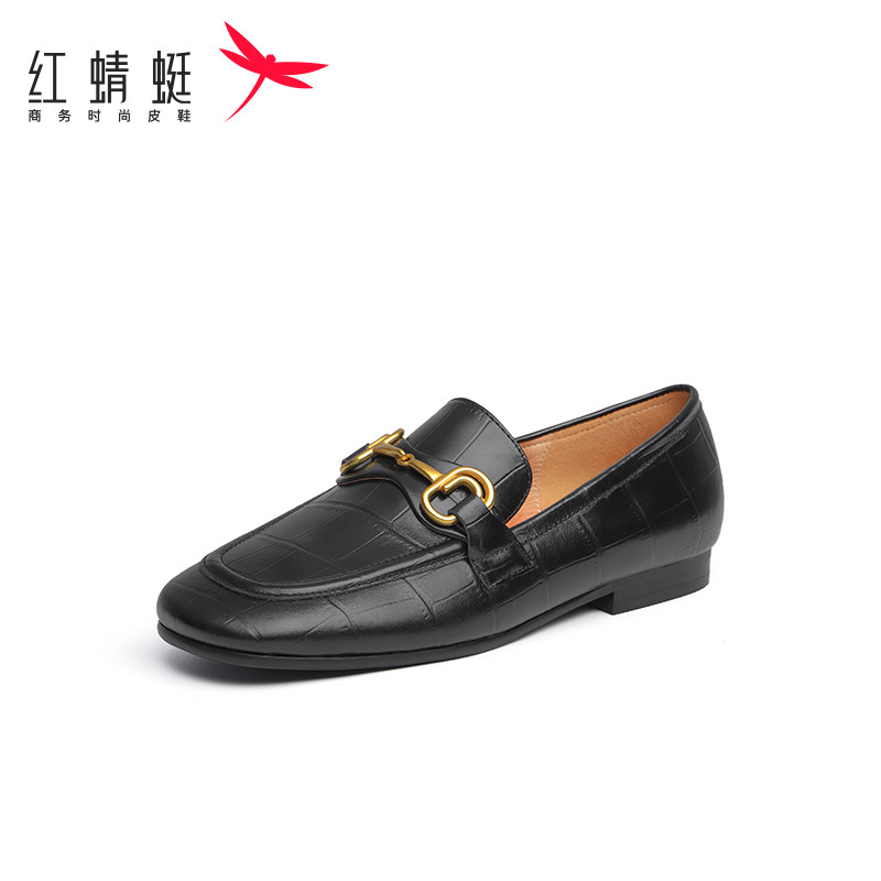 红蜻蜓粗跟乐福鞋女春季新款小皮鞋真皮软底配裙子女单鞋断码清仓