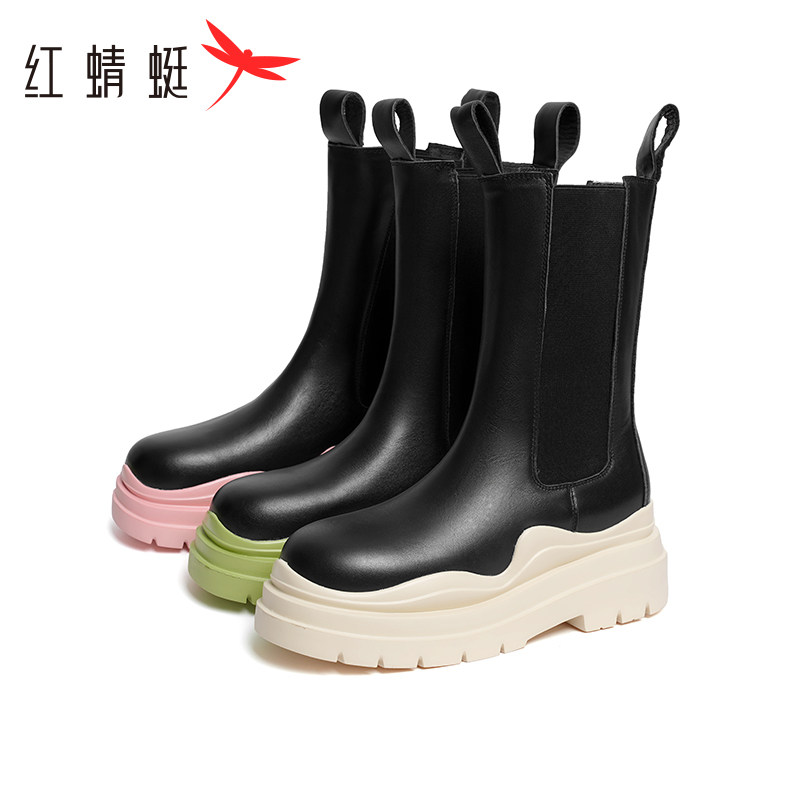 红蜻蜓女鞋新款保暖马丁靴女靴子真皮加绒中筒时尚短靴 断码清仓