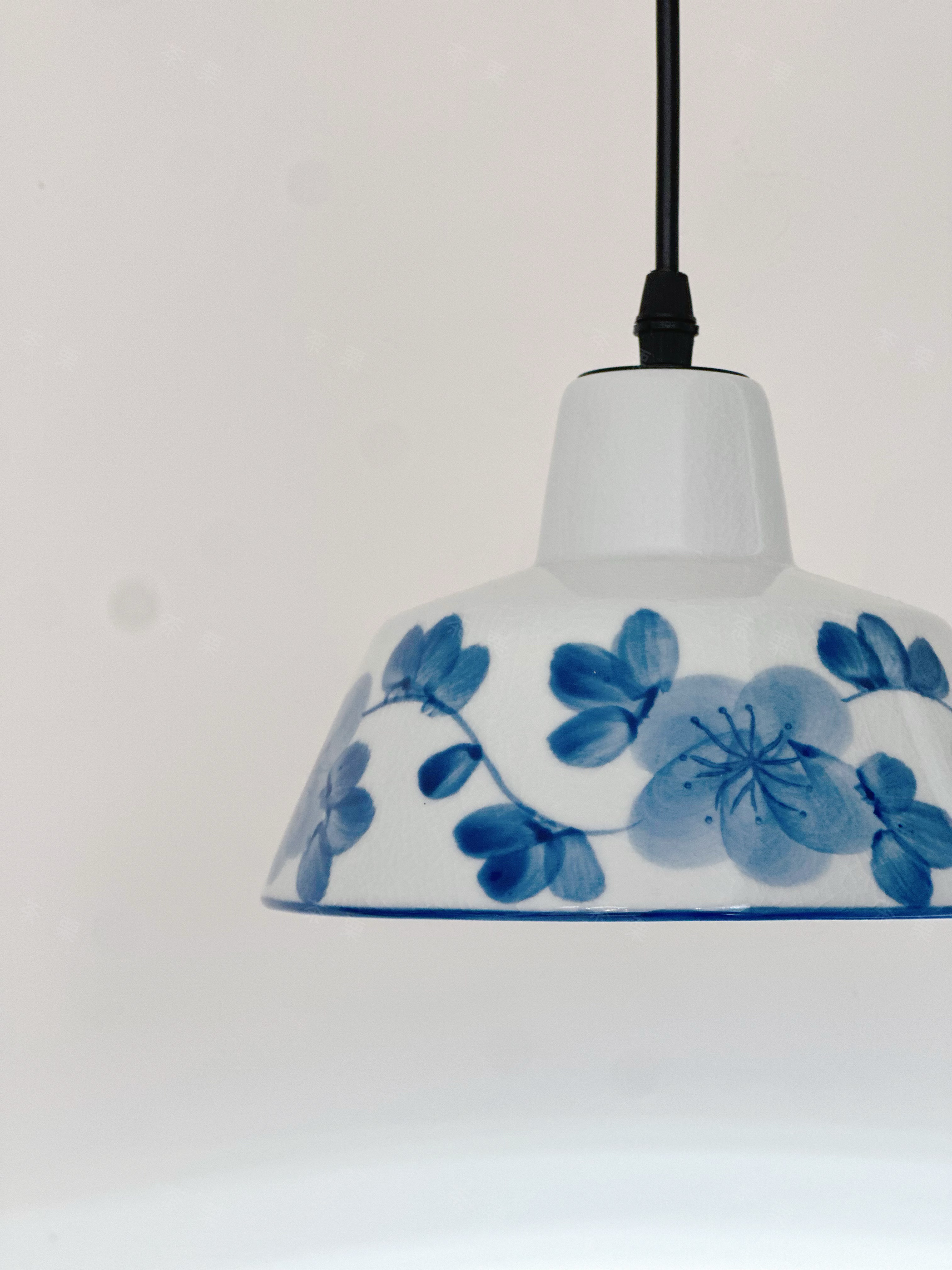 茶栗法式复古中古卧室床头餐厅吧台温馨复古陶瓷蓝色青花纹吊灯