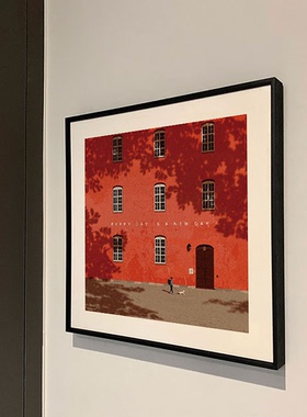 Every day is a new day极简装饰画红色建筑小众艺术客厅卧室挂画